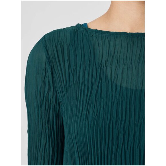 Eileen Fisher | Crinkled Sheer Silk Georgette Bateau Neck Long Top Aegean Green - Picture 3 of 12
